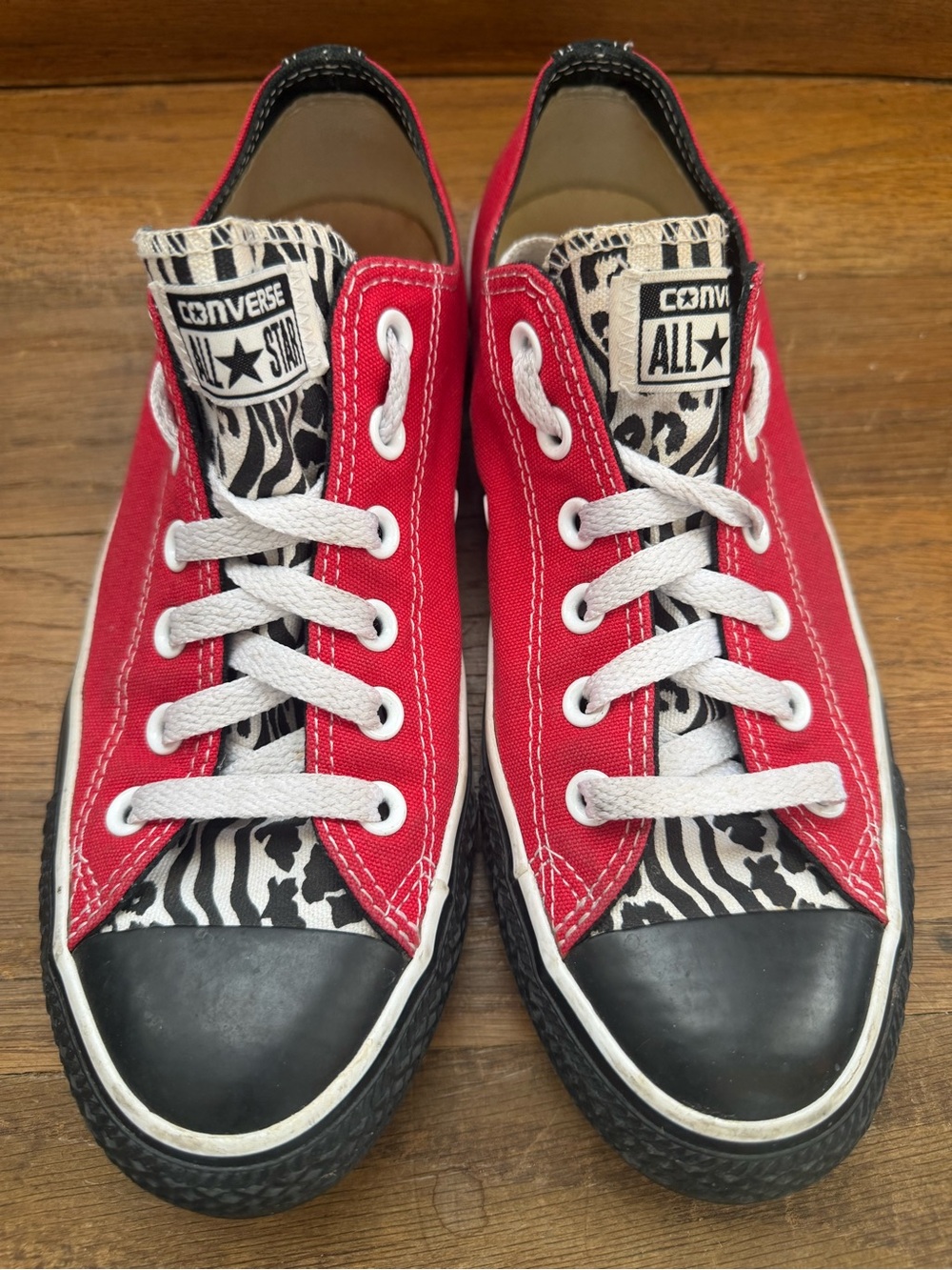 Converse Red Low-Top Sneakers with Zebra Print Tongue
